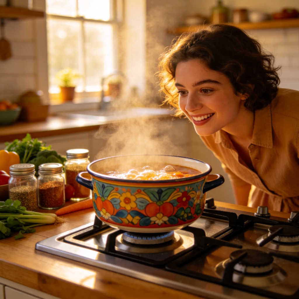 A person in a home kitchen, smiling and looking curiously at a colorful, bubbling pot on the stove. Various fresh vegetables and spice jars are on the counter nearby. The scene is warm and inviting, showing the joy of trying a new recipe. Natural lighting from a window, focus on the pot and the person's curious expression. No text.