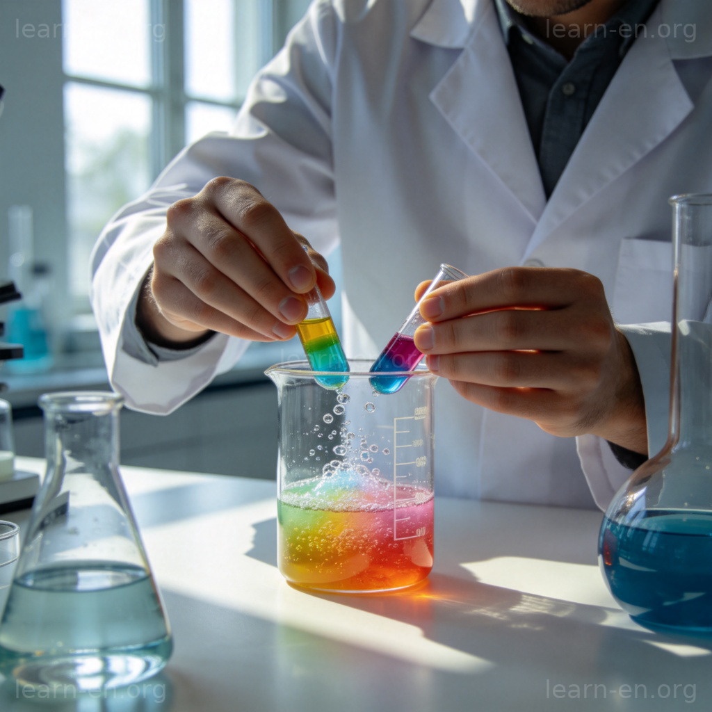 A scientist in a white lab coat, carefully mixing two colorful chemicals in a beaker, causing a small, safe reaction with bubbles. The scene is in a clean, modern laboratory with other glassware on the table. Natural lighting from a window, focus on the hands and the reaction. No text, realistic style.