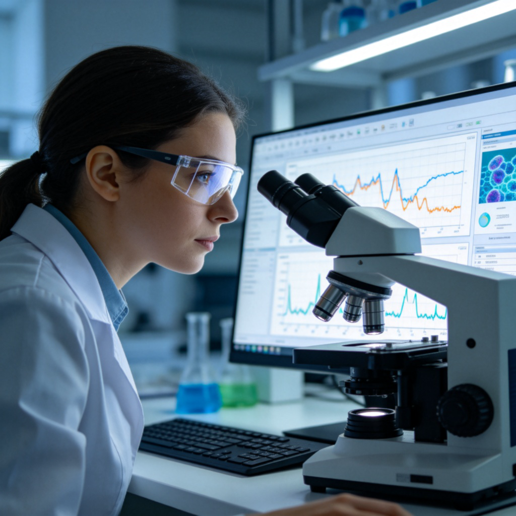A researcher in a lab, wearing safety glasses, looking intently at a computer screen displaying graphs and data charts next to a microscope. The image conveys analysis and verification of results. Clean, well-lit environment, professional and focused atmosphere. No text, photorealistic style.