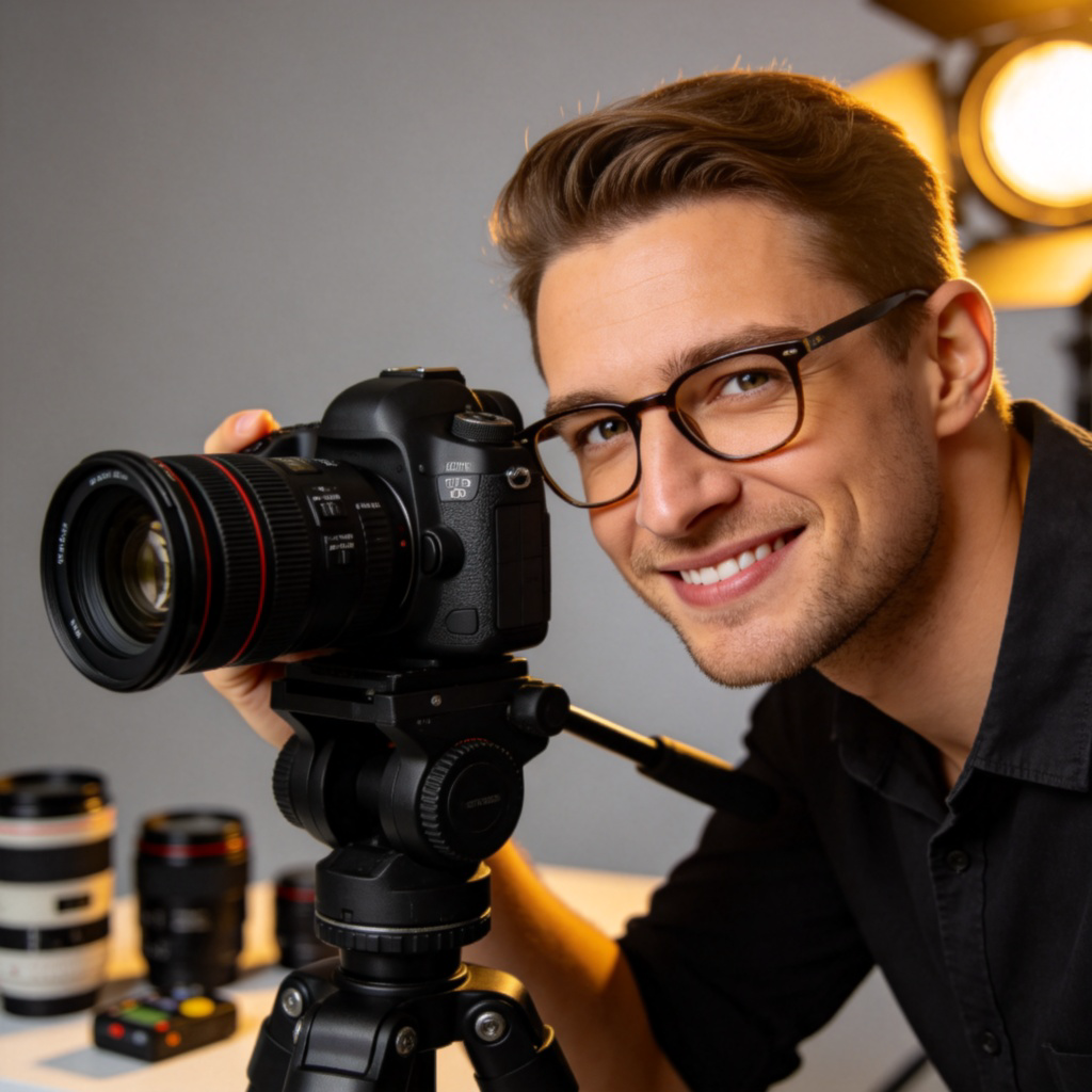 A professional photographer in a studio, confidently adjusting a DSLR camera on a tripod. The person is wearing glasses and looks knowledgeable. Soft lighting, clean background with some photography equipment visible. Focus on the person's confident expression and the professional camera.
