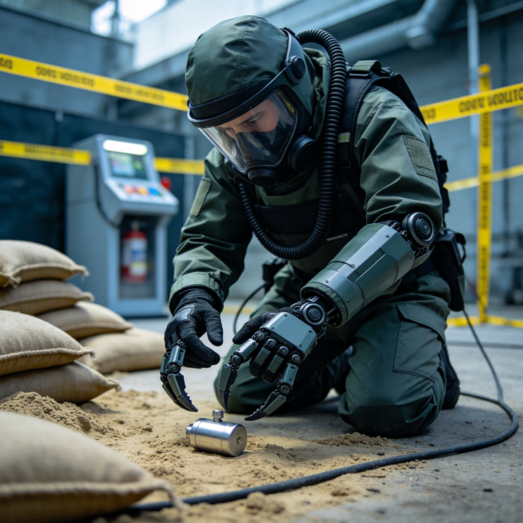 A bomb disposal expert in a protective suit, carefully examining a robotic device's claw holding a small, metallic object. The scene is outdoors in a controlled, cordoned-off area. The focus is on the expert's gloved hands and the specialized equipment, conveying precision and high stakes.