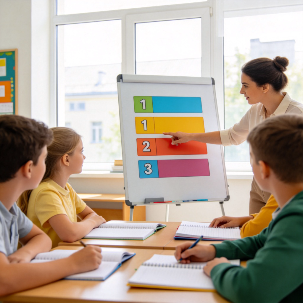 A teacher in a bright classroom, pointing at a colorful chart on a whiteboard that shows simple steps like '1, 2, 3'. A few students are watching attentively, with notebooks open. The scene is focused on the teacher's hand and the chart, with natural light from a window. No text.
