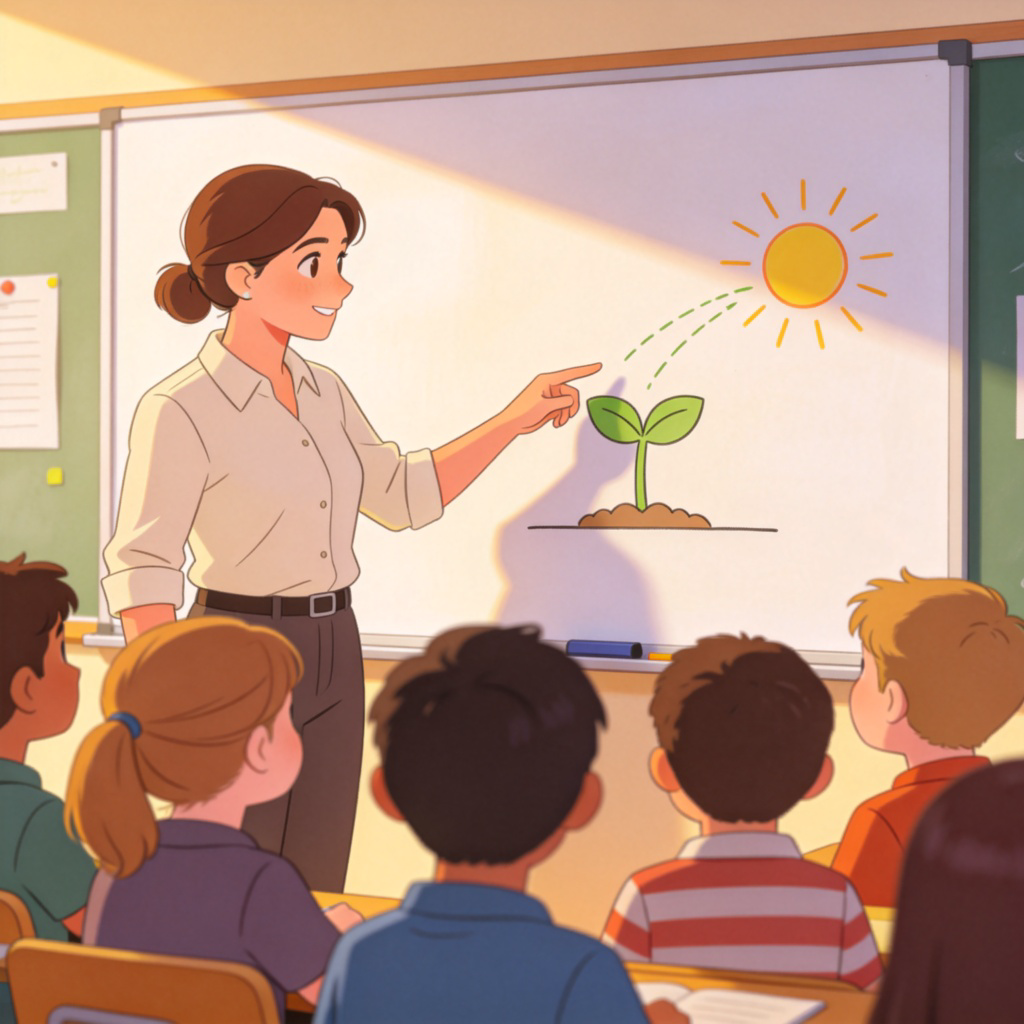 explanation 词汇图解：老师在白板前向学生讲解示意图