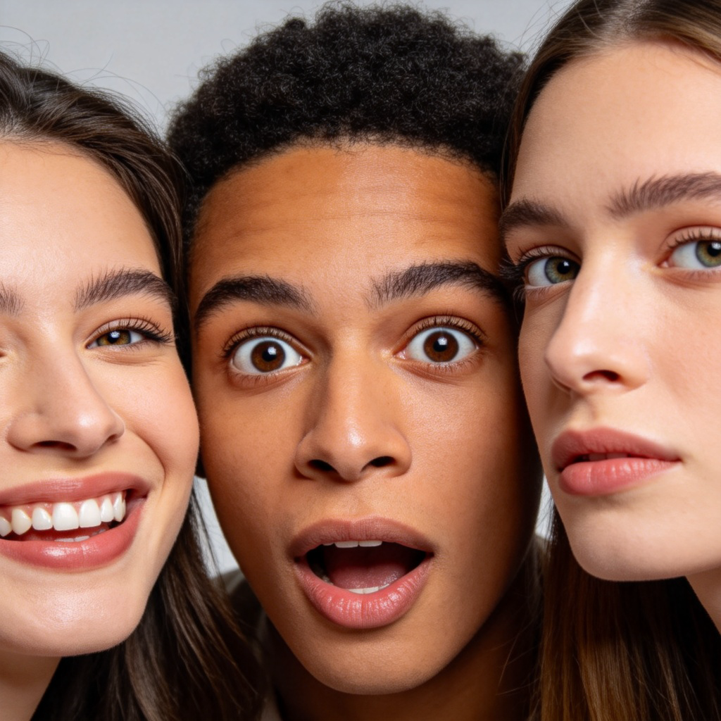 Close-up portrait of a diverse group of people, each showing a different clear facial expression like happiness, surprise, and thoughtfulness. Plain light-gray background, studio lighting highlighting the faces. Photorealistic detail, focus on eyes and mouth, no text or accessories.