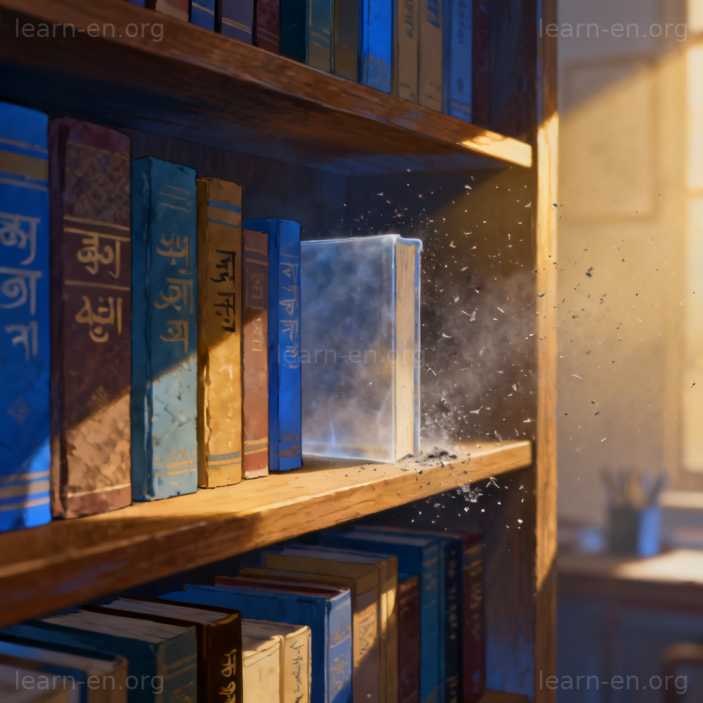 Visual metaphor for language extinction: a book fading to ash on a shelf.