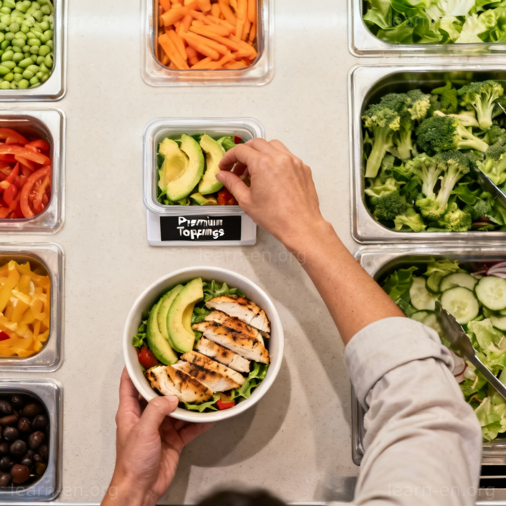Extra meaning 'optional' shown with premium toppings as an extra choice at a salad bar.