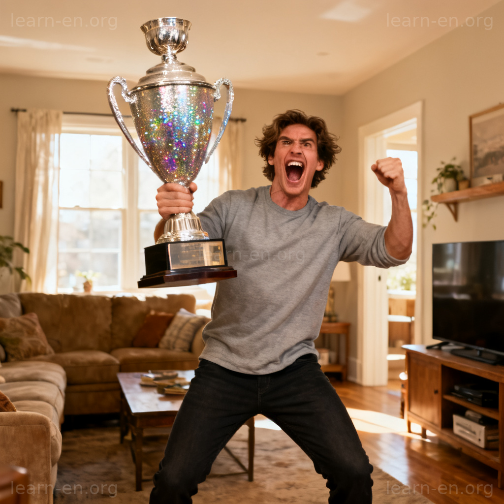 Extra meaning 'over-the-top' depicted by a dramatic person celebrating in an ordinary room.