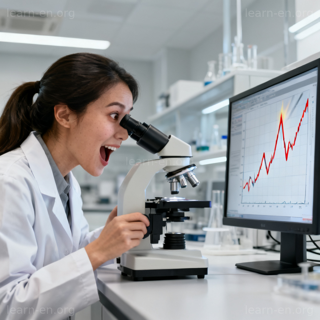 Extraordinary discovery depicted by a surprised scientist seeing unexpected data.