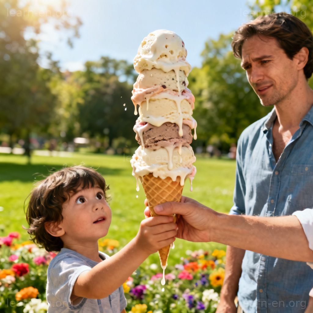 Extreme excess shown by a child receiving a comically oversized ice cream cone.