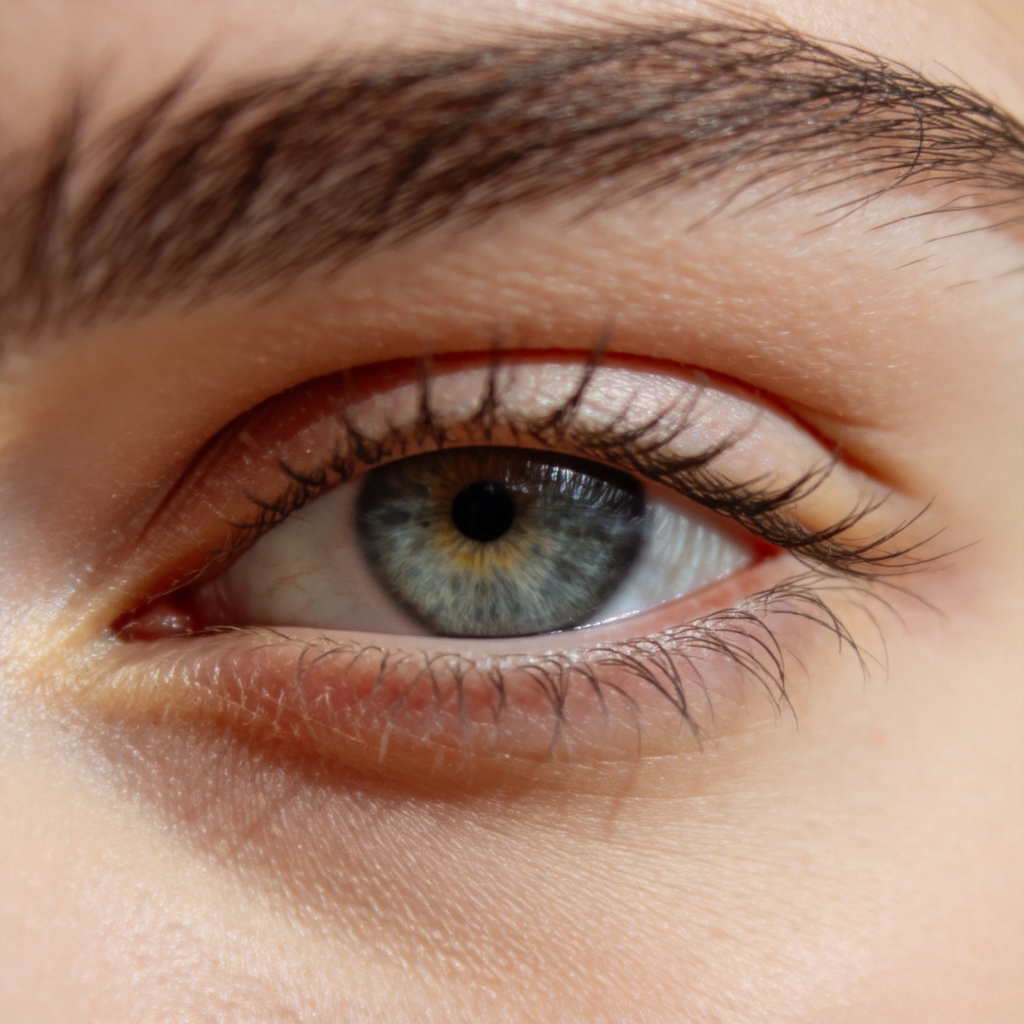 A close-up, high-definition photograph of a human face, focusing on one eye. The eye is open, showing a clear iris and pupil, with natural eyelashes. The background is soft and out of focus, ensuring the eye is the central subject. No text or logos.