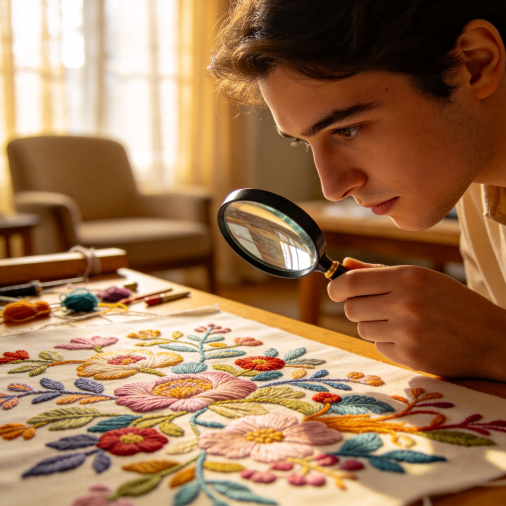 A person holding a magnifying glass, carefully examining the intricate details of a beautiful, colorful painting or a piece of embroidery. The focus is on the action of close observation and judgment. The setting is a well-lit, cozy studio. No text.