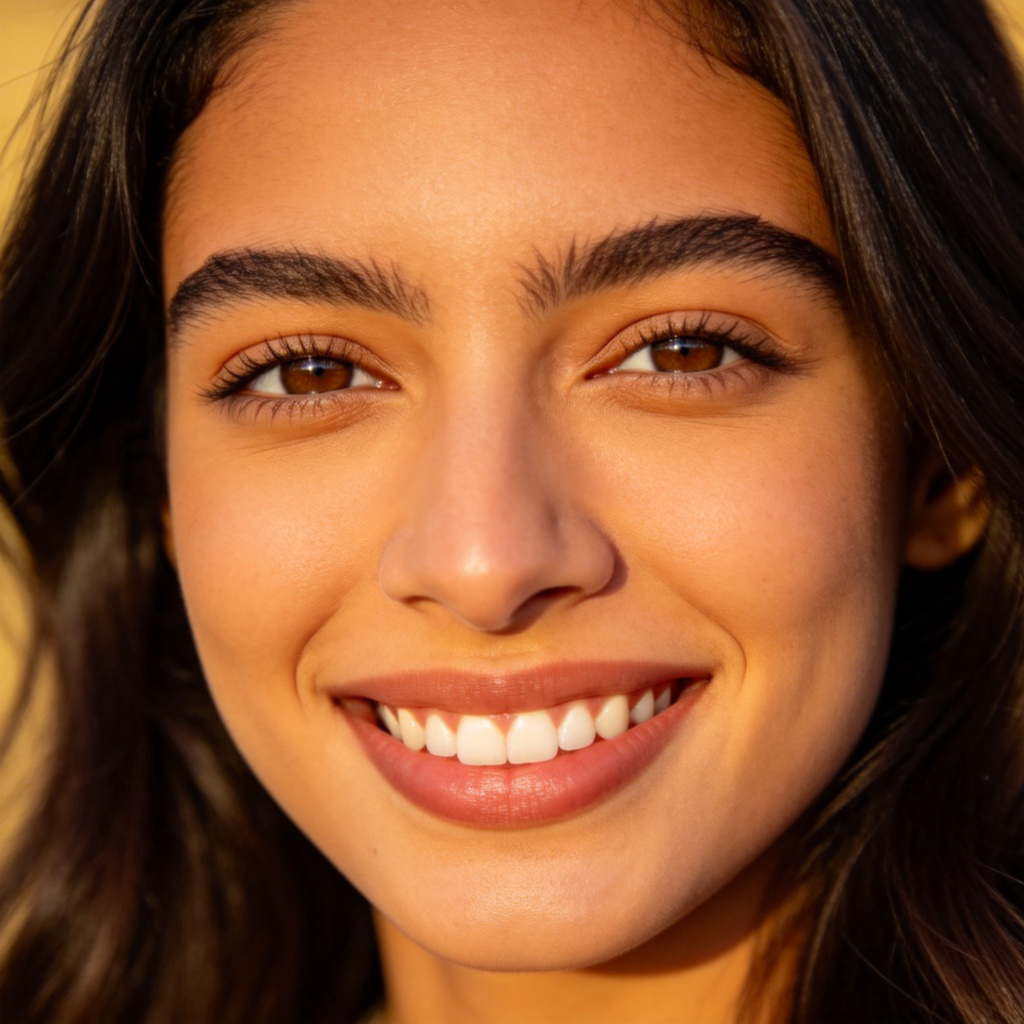 A close-up portrait of a smiling young woman with diverse ethnic features, looking directly at the camera with friendly eyes. Plain, soft-focus background, natural daylight illuminating her face. Focus is on her eyes, nose, and mouth. No text or logos.