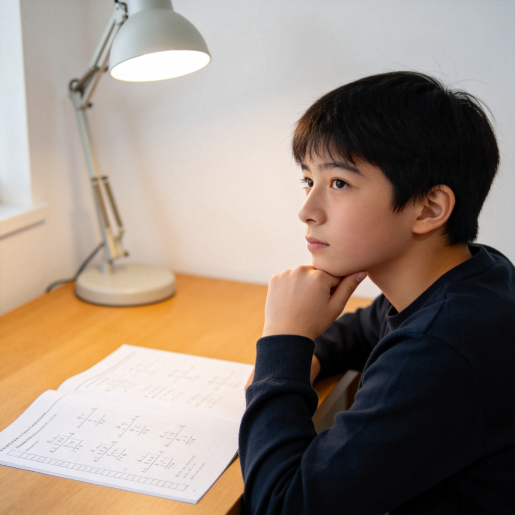A student sitting at a desk, looking thoughtfully at a difficult math problem on a worksheet. One hand is on their chin, showing determination. The focus is on the student's thoughtful expression and the worksheet. Clean, well-lit study environment. No text.