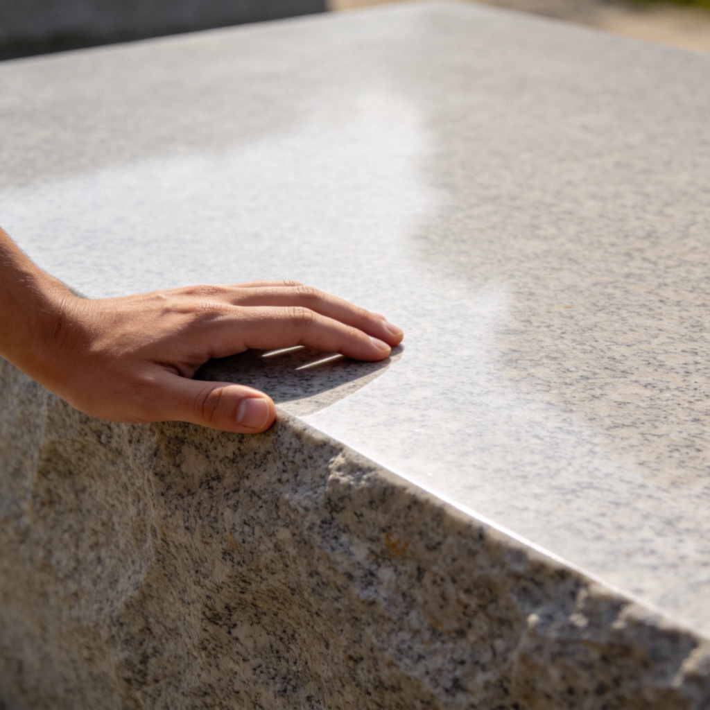A close-up side view of a person's hand touching the smooth, polished surface of a large granite stone or a modern building wall. The texture and flatness of the surface are the main focus. Natural outdoor lighting. No text or identifiable logos on the surface.