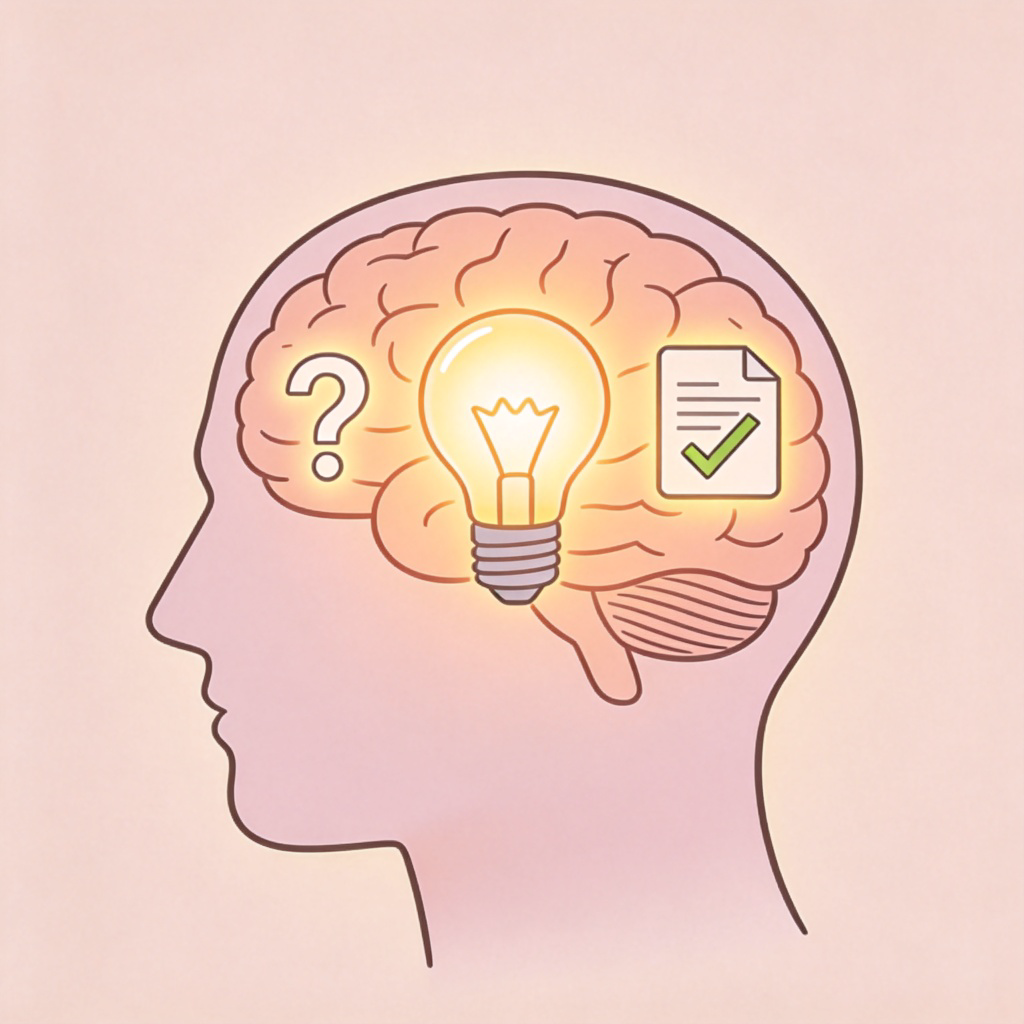 A stylized illustration of a human brain silhouette with a glowing light bulb inside it. On the left side of the brain, a question mark floats. On the right side, the question mark transforms into a shining checkmark or a simple document icon with a ‘✔’ symbol. The background is plain and soft-colored, emphasizing the transformation from uncertainty to a confirmed idea. No text or numbers.