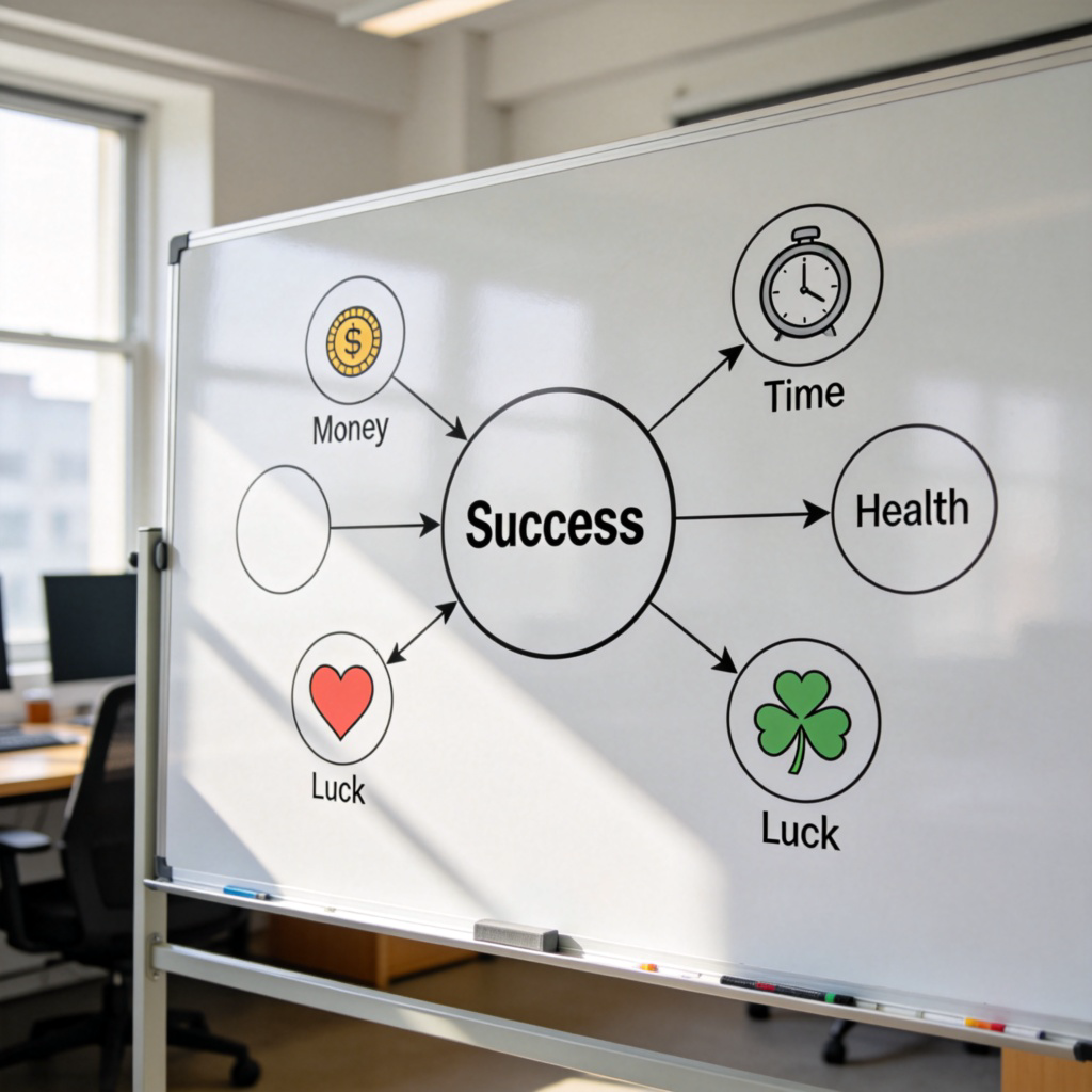 A clean, well-lit office or classroom setting. On a large whiteboard, there's a mind map drawn with a central circle labeled 'Success'. Several other circles are connected to it with arrows, each containing a simple icon and label like 'Money (coin icon)', 'Time (clock icon)', 'Health (heart icon)', and 'Luck (four-leaf clover icon)'. The visual clearly shows multiple elements influencing one central outcome. Photorealistic style, focused on the whiteboard. No text except the labels in the circles.