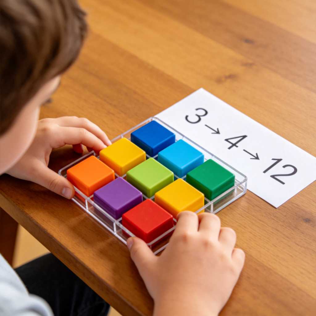 A close-up, top-down view of a child's hands arranging colorful plastic math blocks on a wooden table. The blocks are arranged in a clear 3 by 4 rectangle, totaling 12 blocks. Next to this arrangement, the numbers 3, 4, and 12 are written neatly on a piece of paper, with arrows pointing from 3 and 4 to the rows and columns of blocks. Warm, natural lighting, sharp focus on the blocks and numbers. No text beyond the numbers.