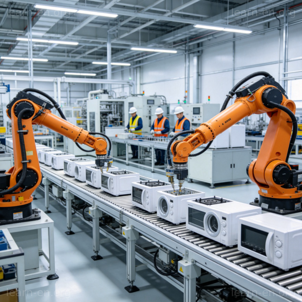 Factory interior with assembly line and robotic arms