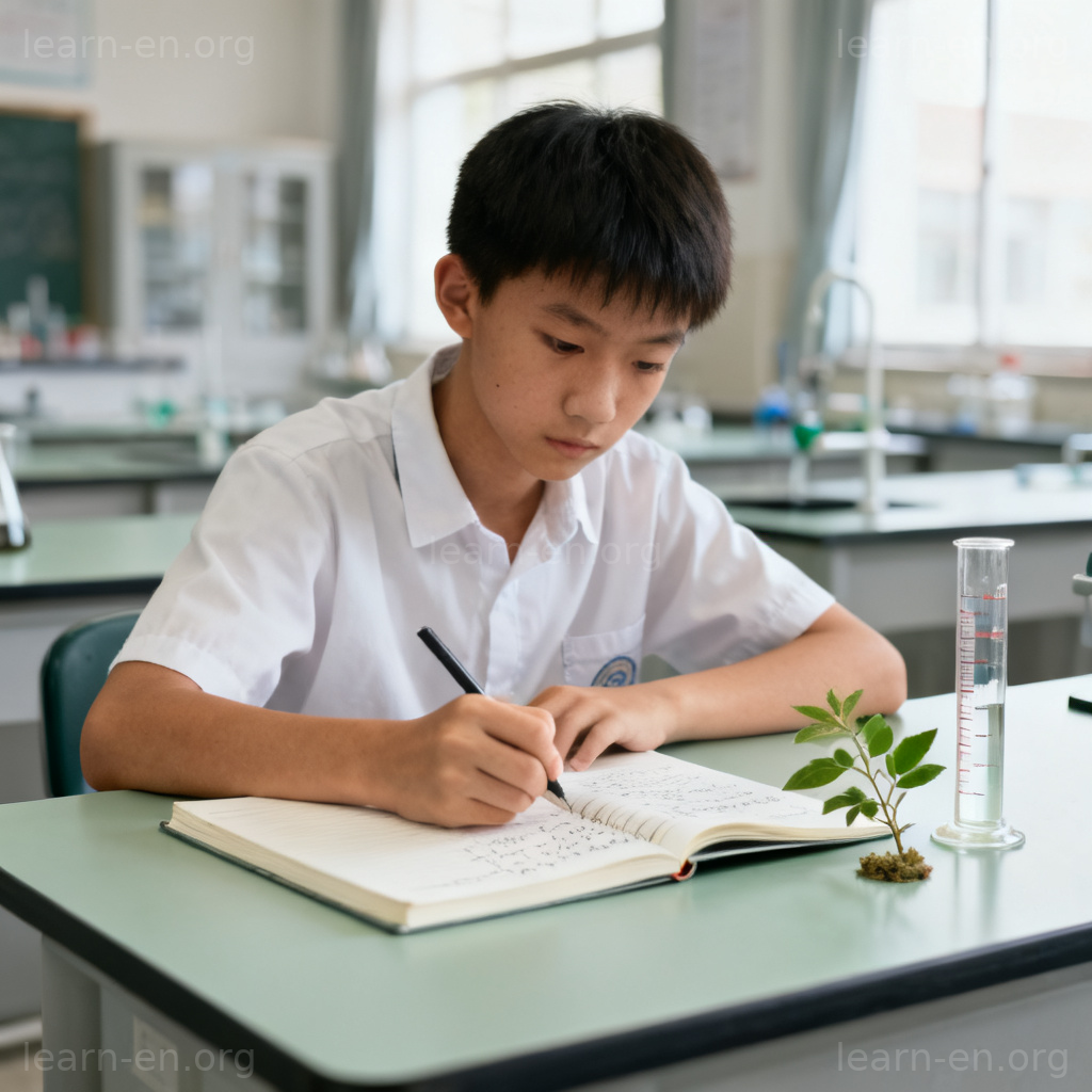 Factual evidence-focused concept shown by a student taking objective notes during a science lab experiment.