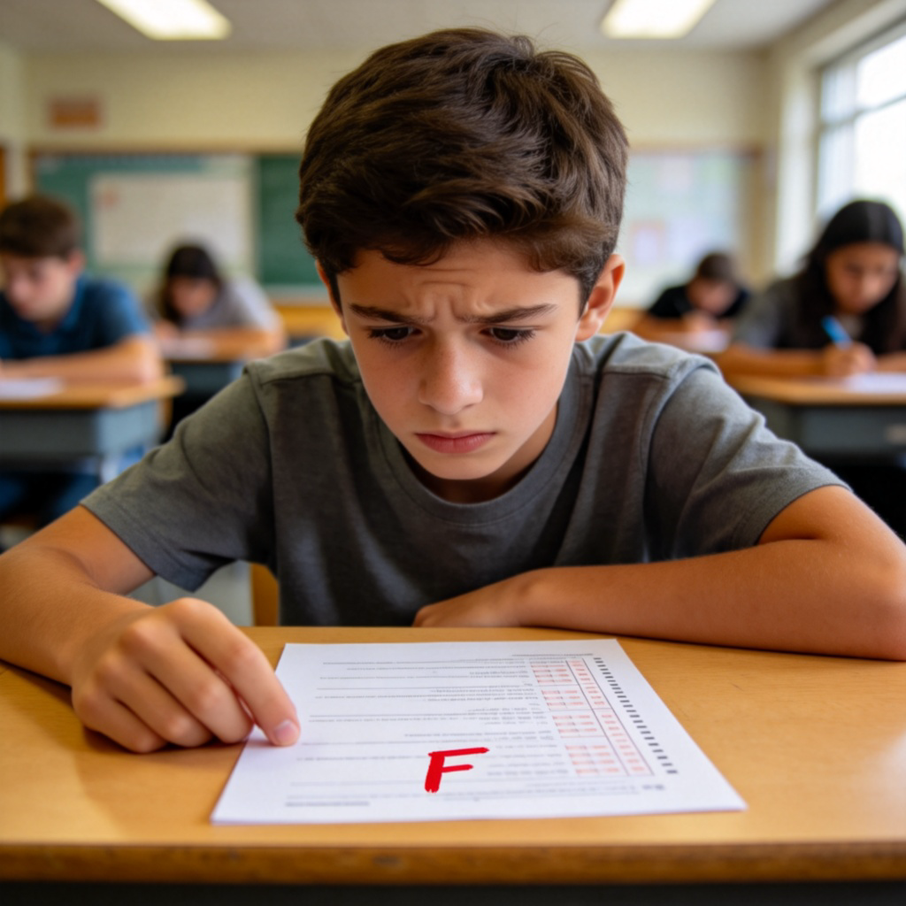 A student sitting at a school desk, looking worried at a test paper with a visible red 'F' mark. The background is a blurred classroom with other students. Soft overhead lighting, focus on the paper and student's concerned face. No text.