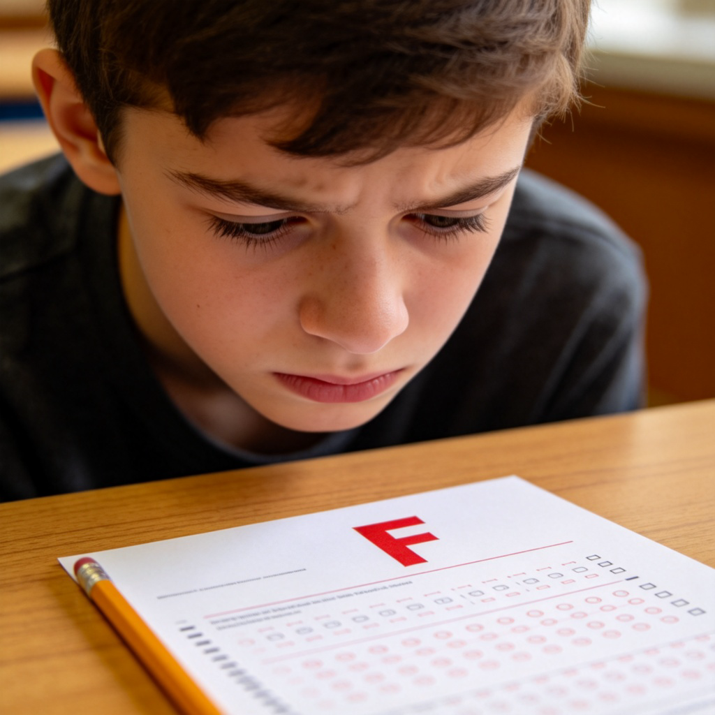 A student looking disappointed at a test paper with a big red 'F' grade written at the top. The paper is on a wooden desk, with a pencil beside it. Soft natural light from a window. The focus is on the student's face and the test paper. No text besides the grade letter.