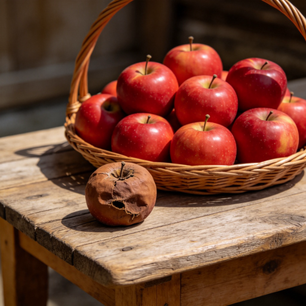 A single, slightly rotten apple among a basket of fresh, bright red apples. The rotten apple is brown and soft, clearly inedible. The basket is on a rustic wooden table. Clear, direct lighting to highlight the contrast between the good and bad apples. No text.