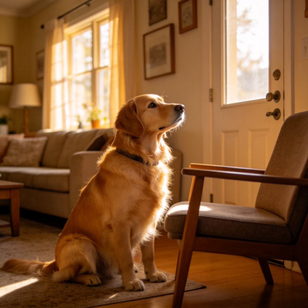 A golden retriever dog sitting patiently and attentively next to its owner's empty chair in a cozy living room. The dog's eyes are looking towards the door with an expression of patient waiting. Warm afternoon light streams through a window. The focus is on the dog's loyal posture.