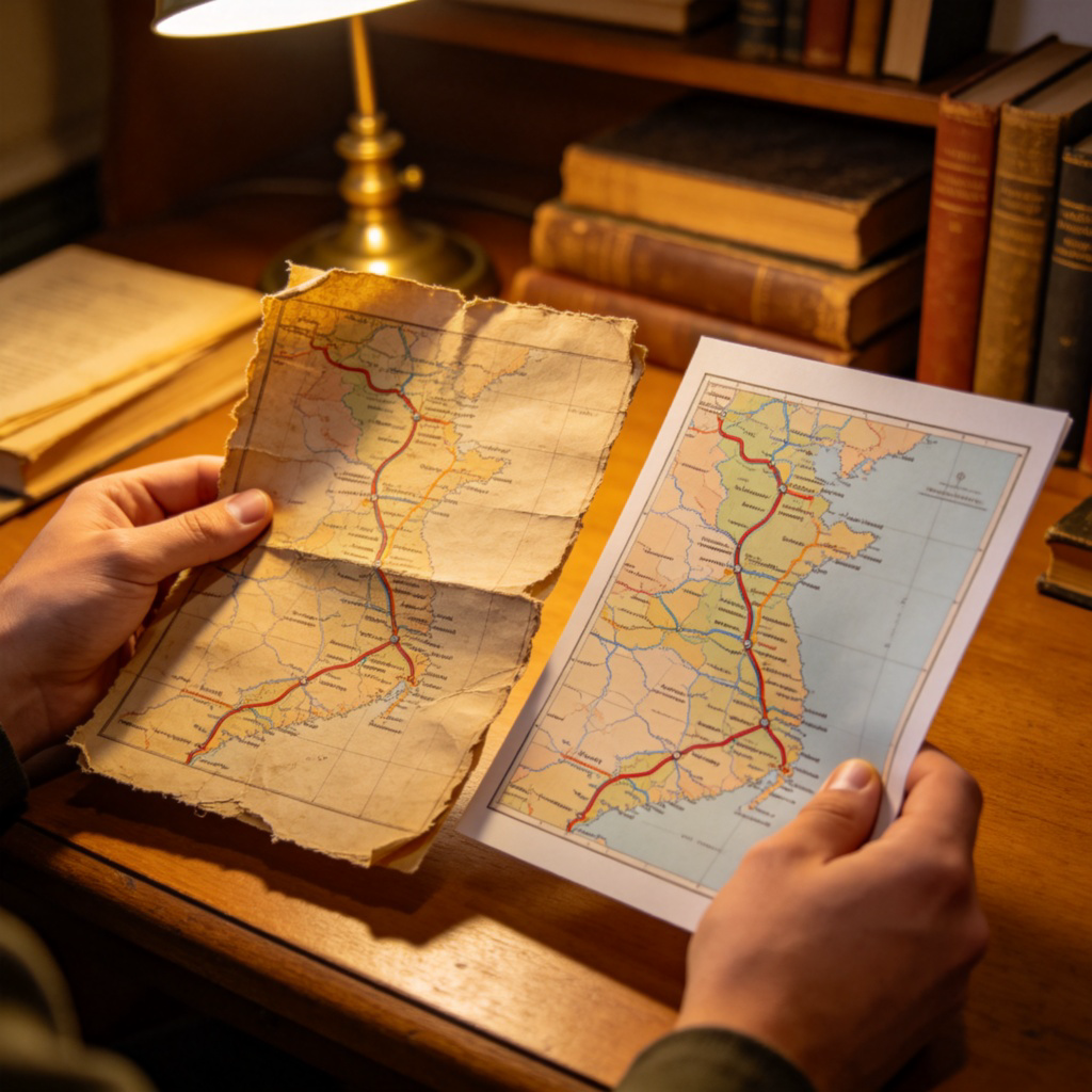 A pair of hands, one holding an ancient, slightly torn map, the other holding a modern, crisp copy. Both maps show identical routes and landmarks. The setting is a well-lit study desk. The focus is on the perfect match between the old and new maps.