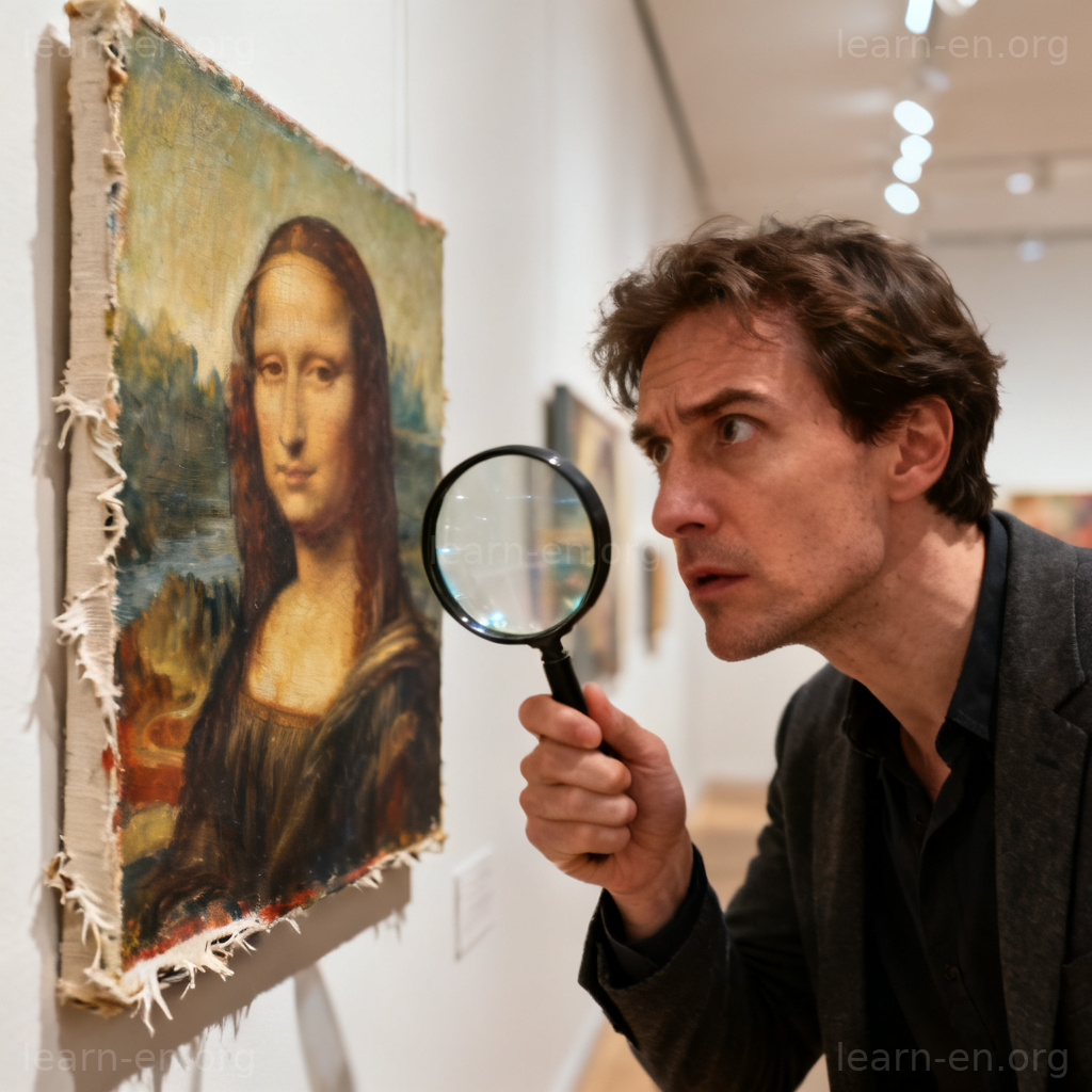 Fake painting examined with magnifying glass in gallery