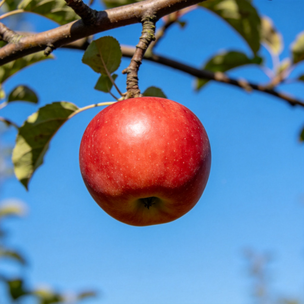A close-up, clear shot of a single red apple detaching from a tree branch in mid-air against a blue sky background. The apple is sharply in focus, showing the moment of falling. Soft natural sunlight. No people, no text.