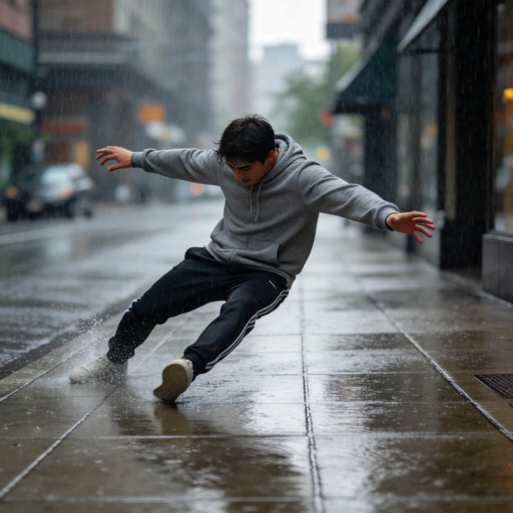 A person wearing casual sports clothes is shown slipping on a wet sidewalk, arms out to the side for balance, in the moment just before a fall. The background is a blurred rainy street. Focus is on the person's action. No text.