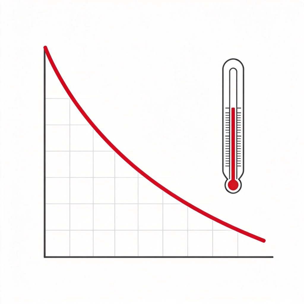 A clear, simple line graph on a white background showing a red line that starts high on the left and slopes downward to the right, illustrating a clear downward trend. Next to it is a thermometer with the mercury level visibly dropping. No text or numbers on the graph.
