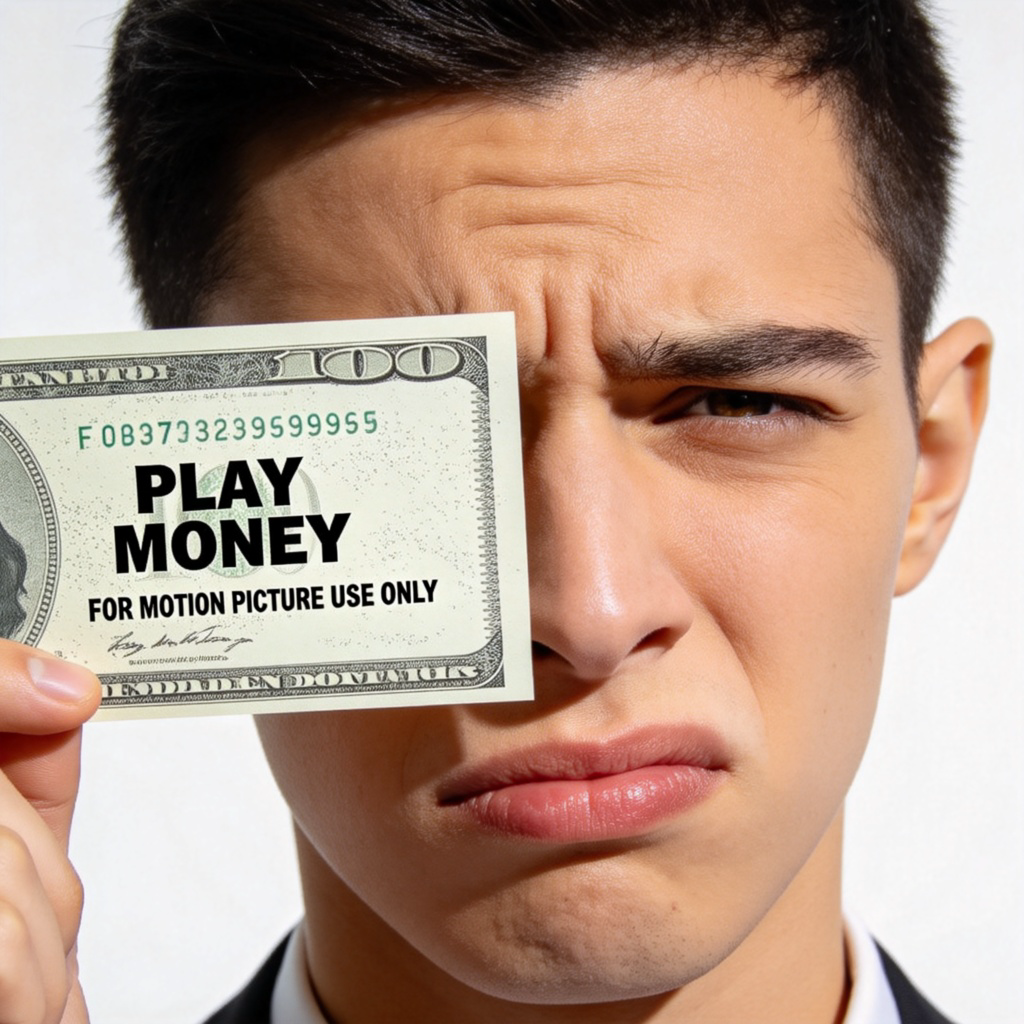A person holding a piece of paper that looks like a banknote up to the light, but the paper clearly says "PLAY MONEY" or "FOR MOTION PICTURE USE ONLY". Focus on the person's skeptical expression and the fake details of the note. Clean background, studio lighting. No text on the note except the fake disclaimer.