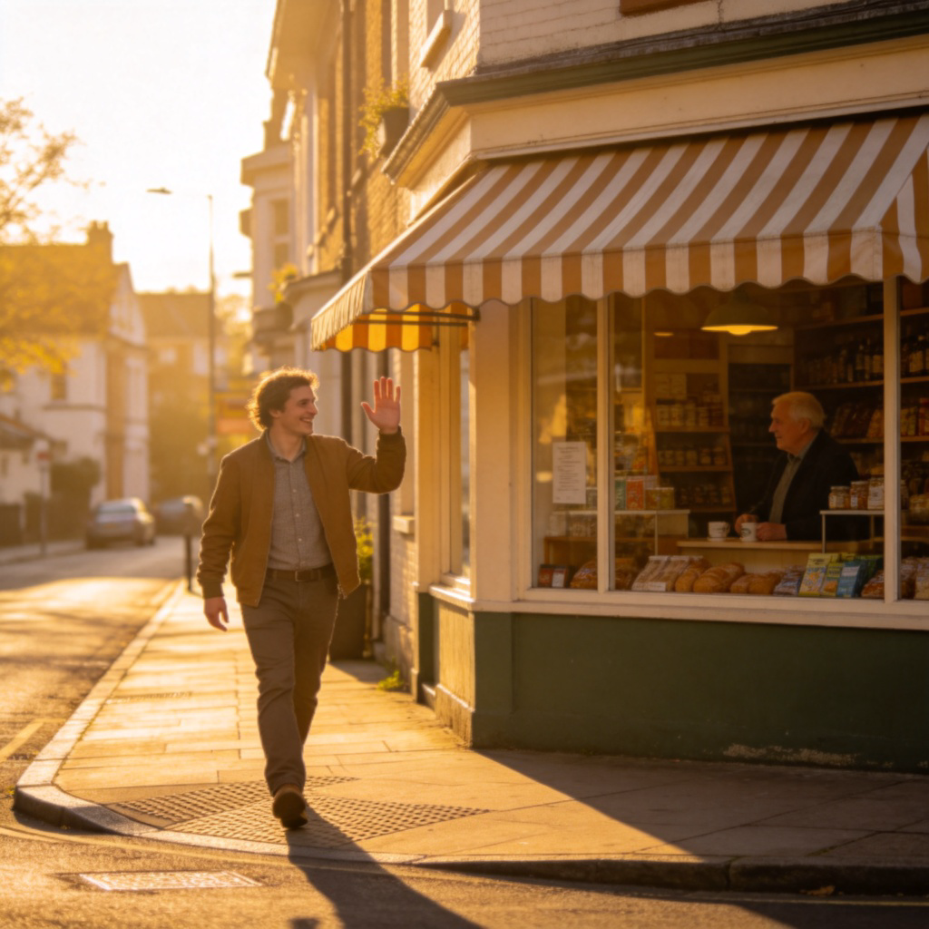 A person walking down a sunny street in their old neighborhood. They are smiling and waving at a neighbor in front of a familiar corner shop with a striped awning. The scene feels warm and welcoming, with clear focus on the person's recognizing expression and the shopfront.