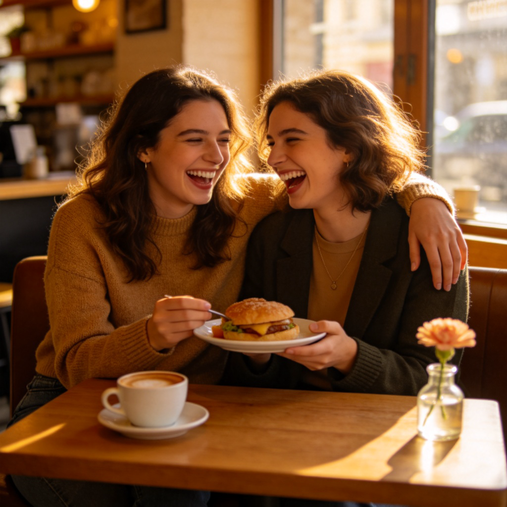Two close friends laughing together in a cozy cafe. One has their arm casually draped over the back of the other's chair, and they are sharing a plate of food. The body language shows relaxed intimacy and comfort, with soft lighting highlighting their easy-going expressions.