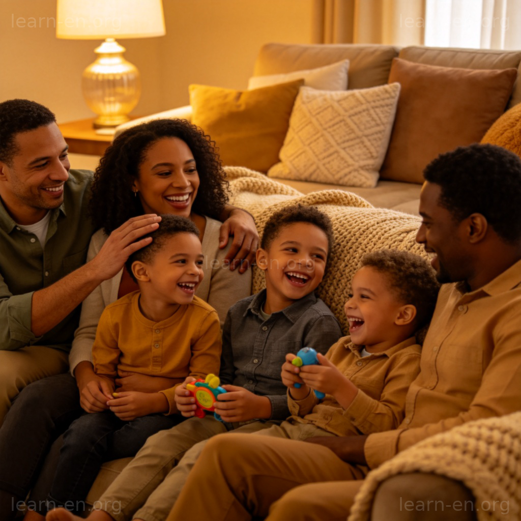 Family definition illustrated by a diverse, happy group relaxing together in a cozy living room.