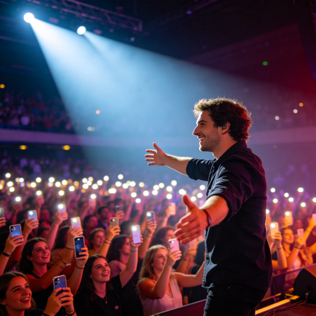 A vibrant concert scene with a singer on stage under bright spotlights, facing a massive crowd of excited fans holding up smartphones with lights on. The singer is the clear focal point, smiling and reaching out. The atmosphere is energetic and full of admiration. No text on stage or screens.