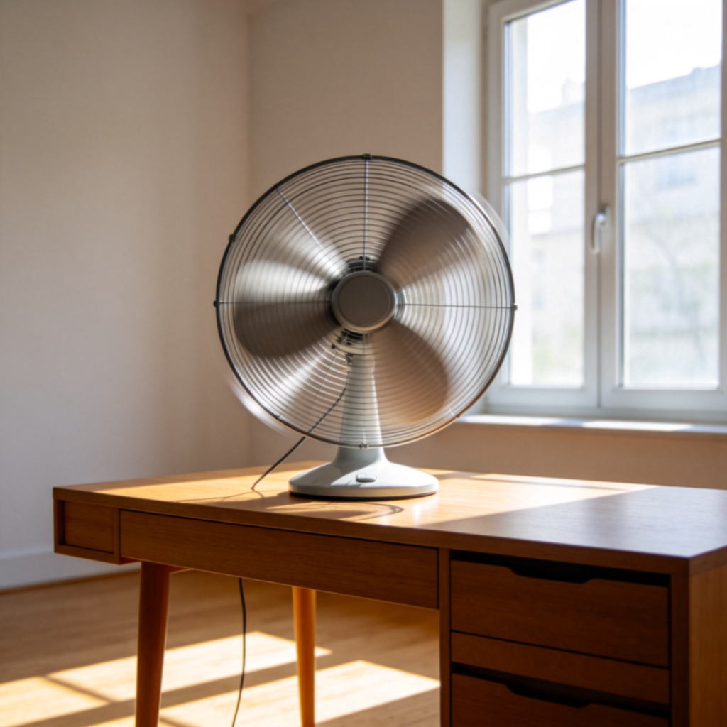 A modern, three-blade electric fan sitting on a wooden desk in a bright room, its blades spinning in a slight blur. Sunlight streams through a window onto the floor. The focus is sharp on the fan itself, with a simple, uncluttered background. Realistic photo style.
