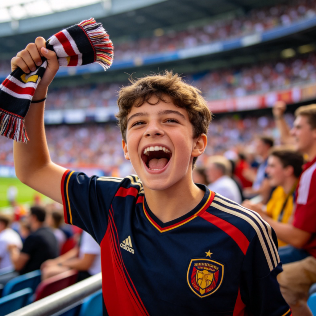 A young person wearing a jersey with a team logo, cheering joyfully in a sports stadium stands, holding a scarf. The crowd is visible but blurred in the background, making the fan the clear focus. Bright, natural lighting, action shot. No text on the jersey.