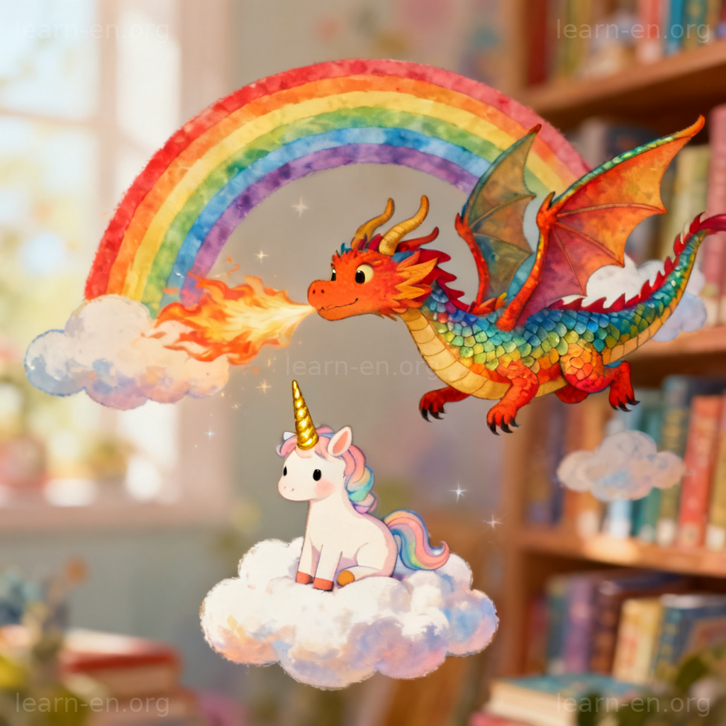 Open storybook showing fantastic dragon and unicorn in whimsical illustration