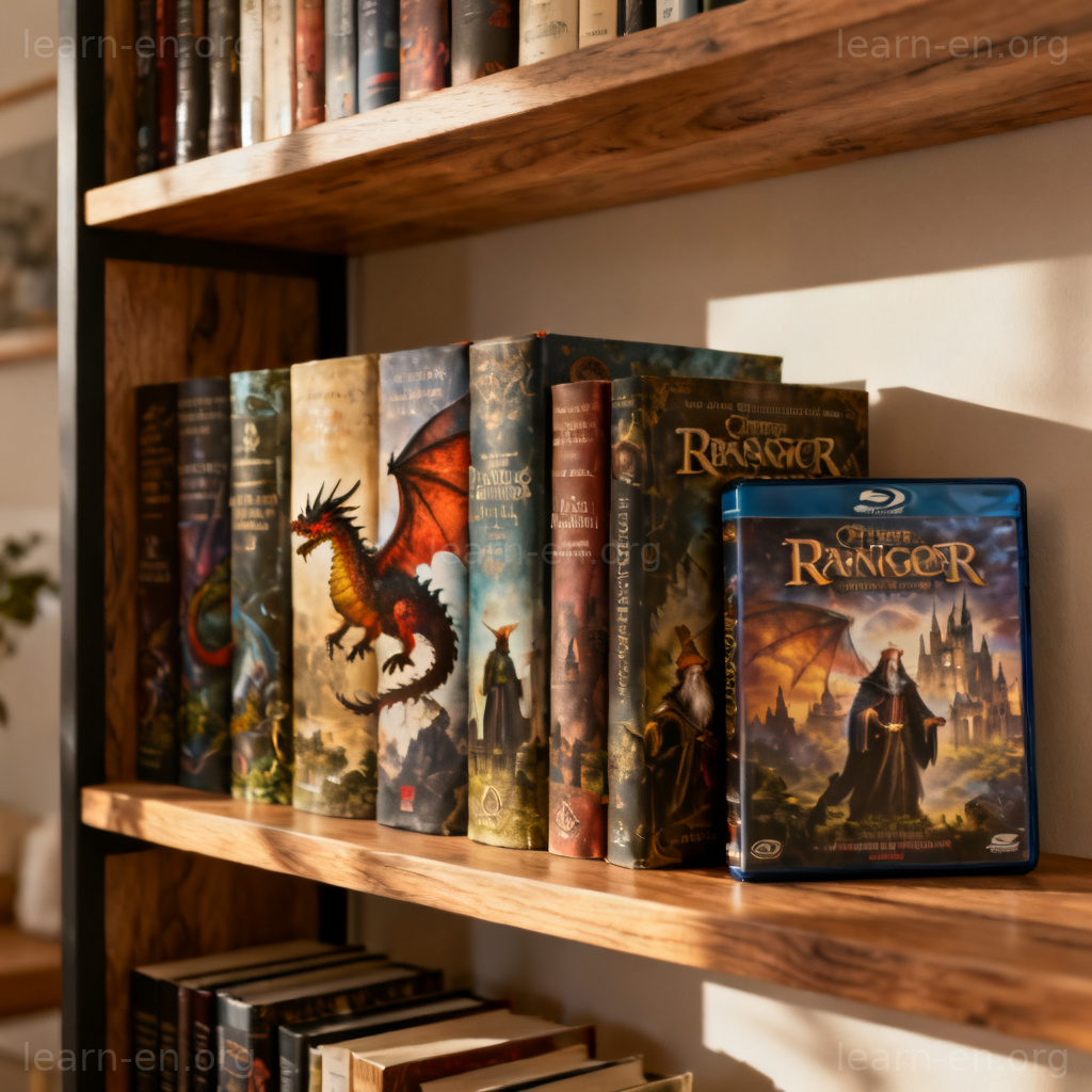 Fantasy genre represented by a bookshelf with dragon and wizard themed books.