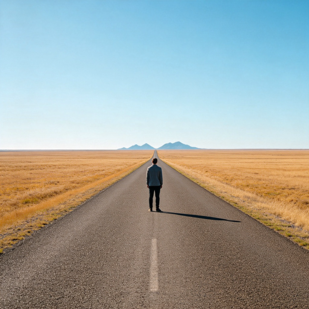 A person stands on a straight road in a vast field, looking towards mountains that are very small on the distant horizon. The perspective emphasizes the long, empty stretch between the person and the mountains. Bright daylight, simple background. No text.