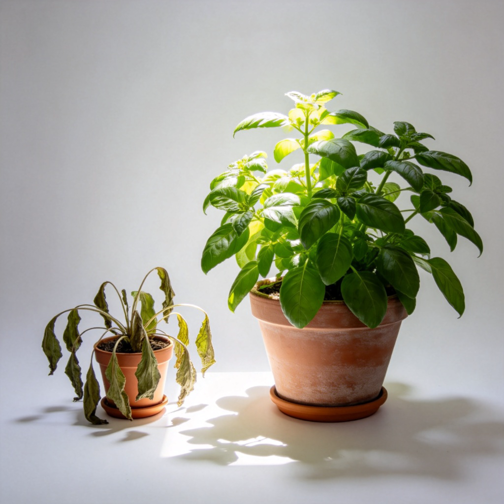 Side-by-side comparison of a small, wilting plant in a tiny pot and a large, healthy plant in a big pot, with sunlight shining on the larger one. The difference in size and health is dramatic and obvious. Clean white background. No text.