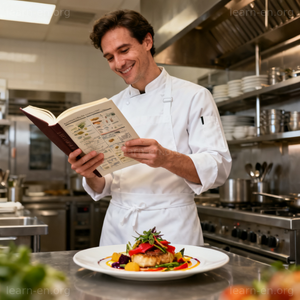 Fare as in performance: chef succeeding with a complex recipe in kitchen.
