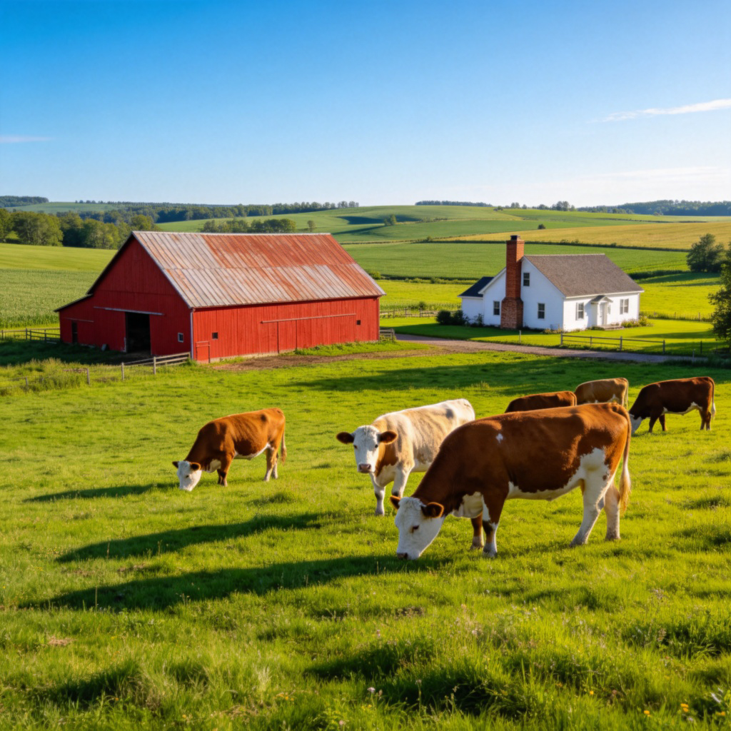 A wide-angle view of a traditional farm with green fields, a red barn, and a white farmhouse under a blue sky. In the foreground, a few cows are grazing peacefully on the grass. The scene is bright, sunny, and looks peaceful and productive. No text.