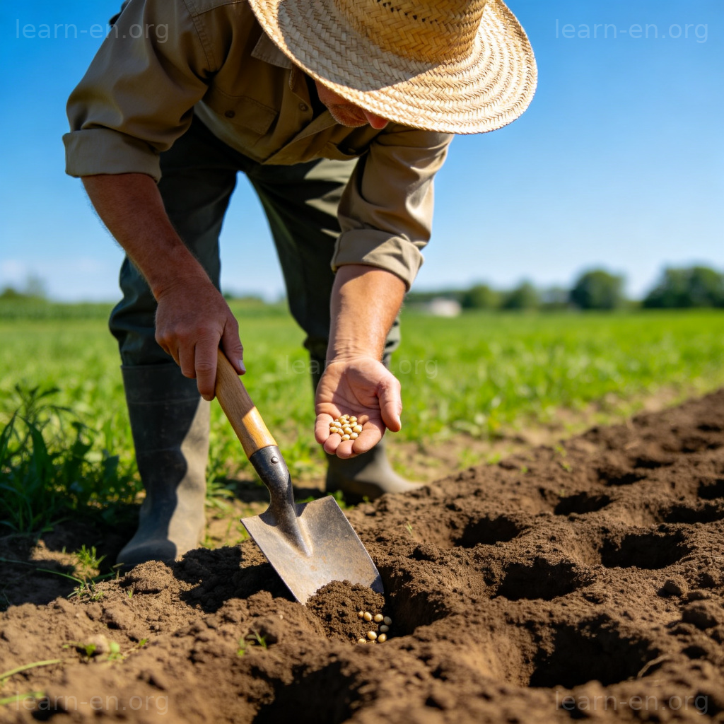 farm耕种场景：人物在蓝天下的田地中用工具播种