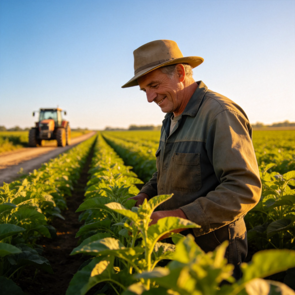 A middle-aged person wearing work clothes and a hat, standing in a sunlit field of green crops, looking at the plants with satisfaction. A tractor is visible in the background on a dirt path. The focus is on the farmer, with a clear blue sky above. Realistic style, no text.