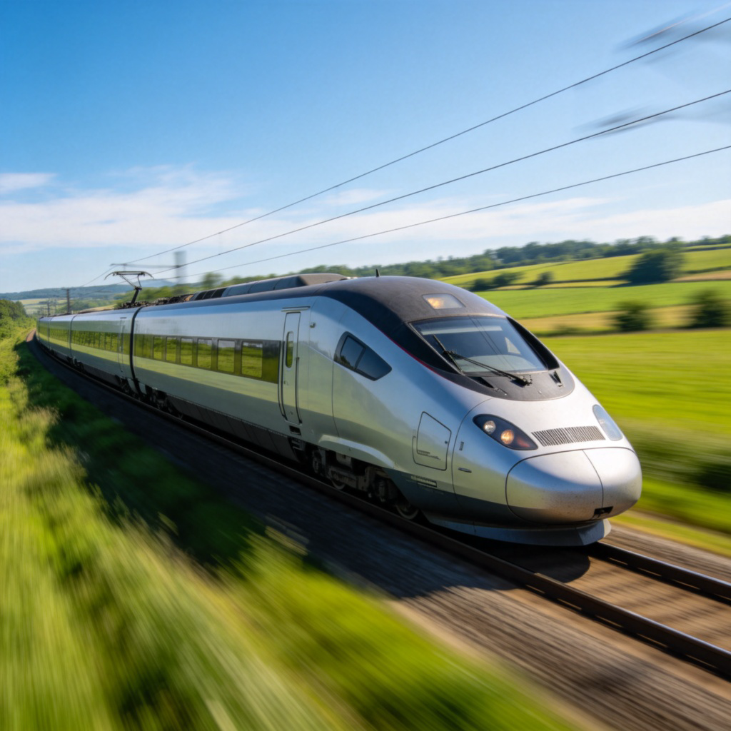 A sleek, modern high-speed train (like a bullet train) speeding through the countryside on a clear day, its motion slightly blurred to show speed. The train is the clear focus, with a simple background of green fields and blue sky. Photorealistic style. No text.