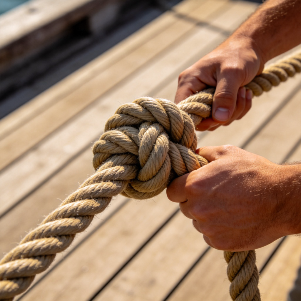 A close-up of hands tying a thick, sturdy rope into a tight knot, showing the strength and security of the knot. The rope and hands are the main subjects, with a simple background like a wooden deck. Photorealistic style, sharp focus on the knot. No text.
