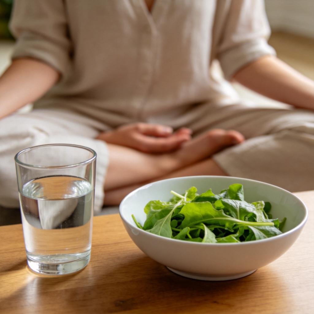 A peaceful scene of a person calmly meditating or sitting quietly next to a simple meal (like a salad and water) that has not been touched. The atmosphere is calm and healthy, with soft lighting. The focus is on the person and the untouched meal. Photorealistic style. No text.